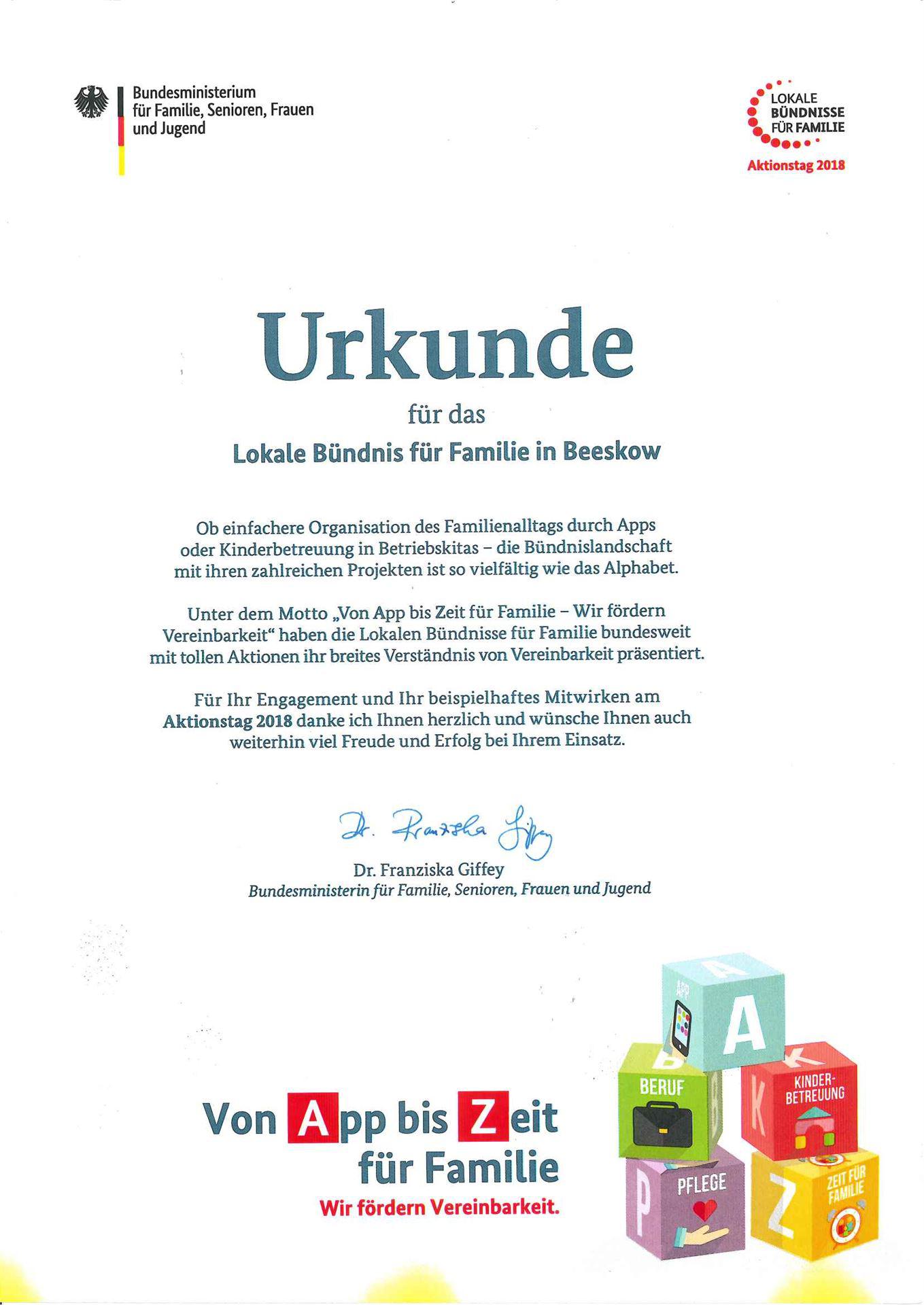 Dankesurkunde für Unterstützung Familienfest