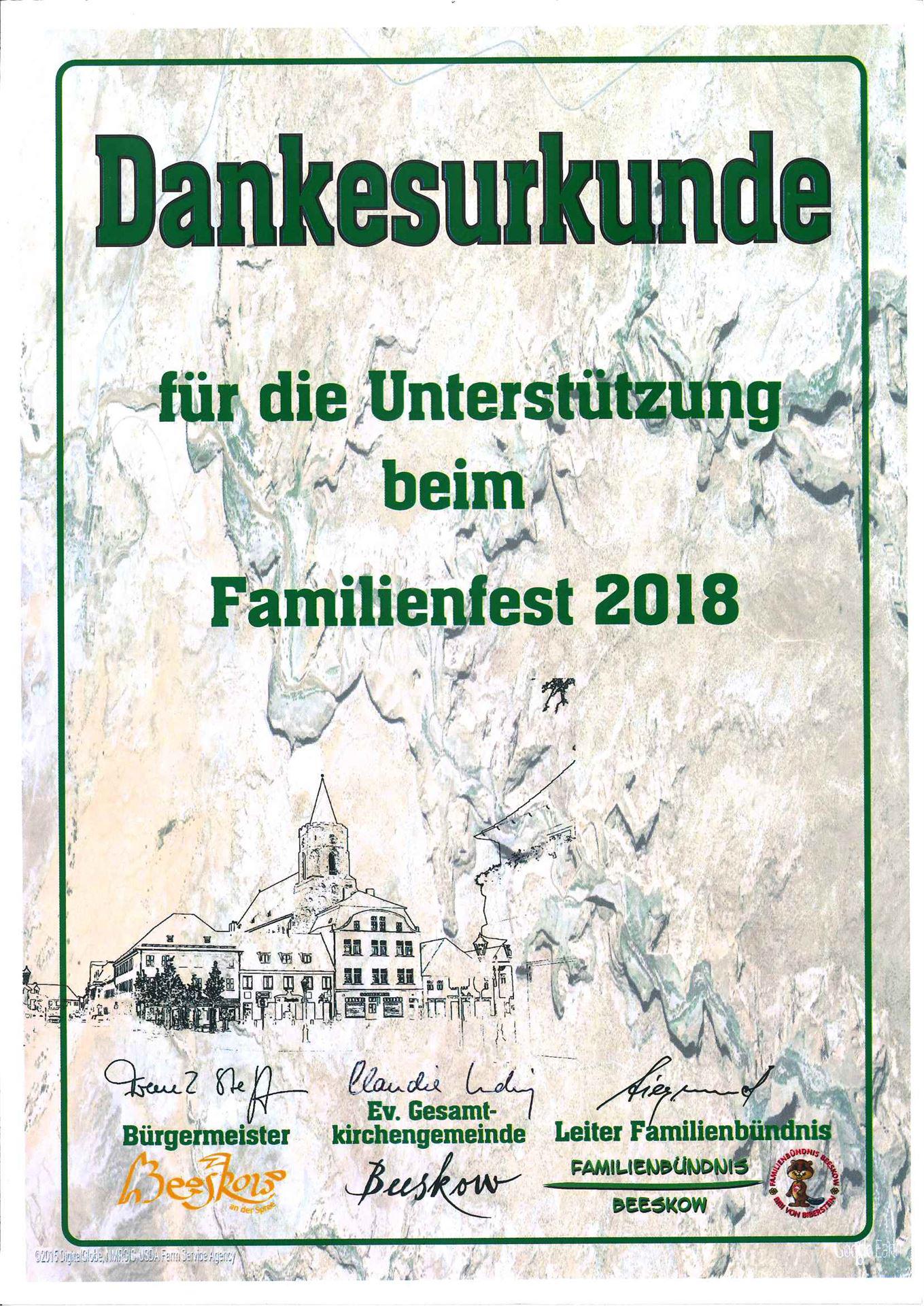 Dankesurkunde für Unterstützung Familienfest